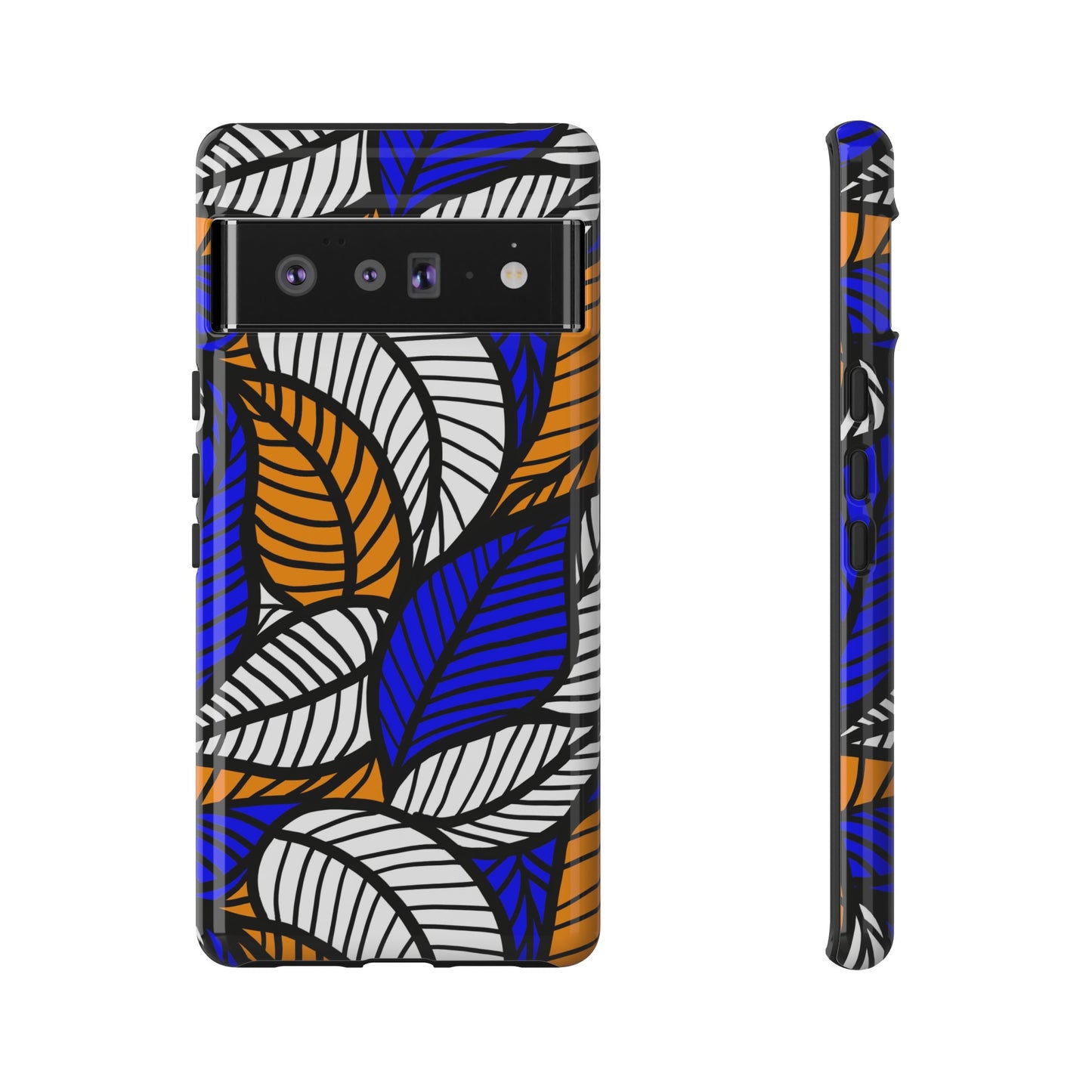 Blue Gold White Leaf Ankara Google Pixel Tough Cases | African Google Pixel Case | Afrocentric Google Pixel Case