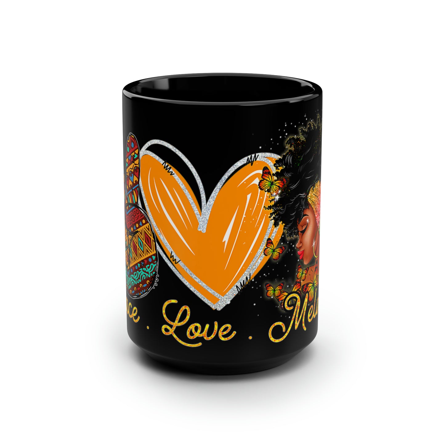 Peace, Love, Melanin Black Mug, 15oz