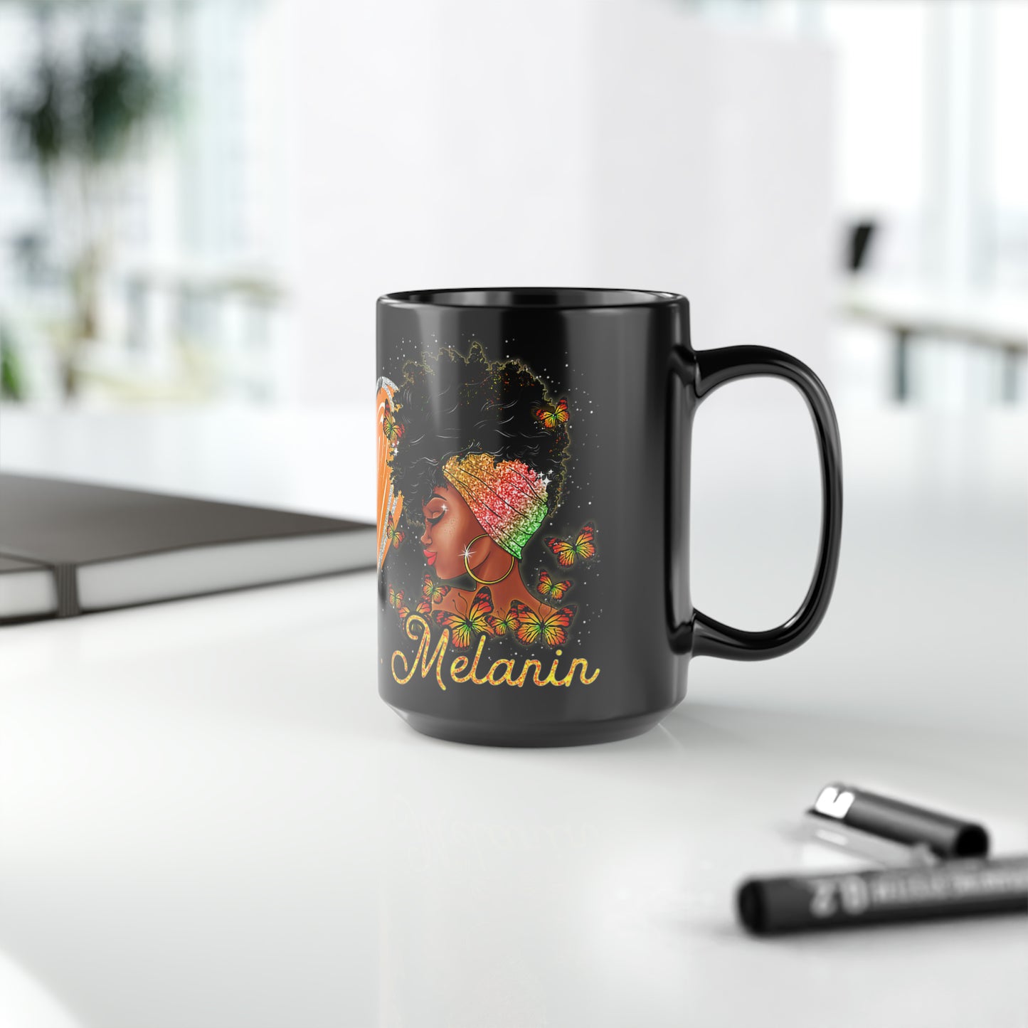 Peace, Love, Melanin Black Mug, 15oz