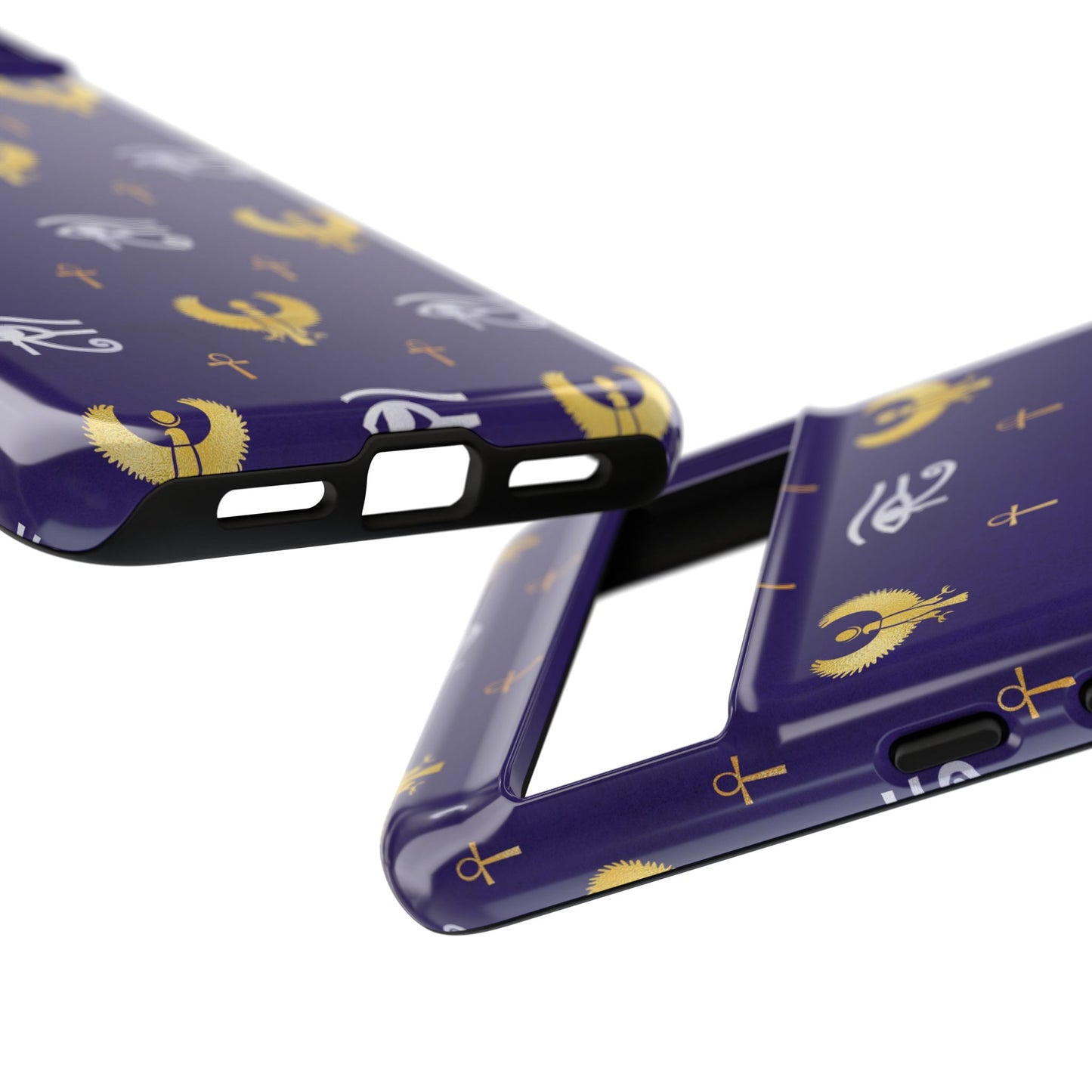 Two purple phone cases with gold and white designs on a white background