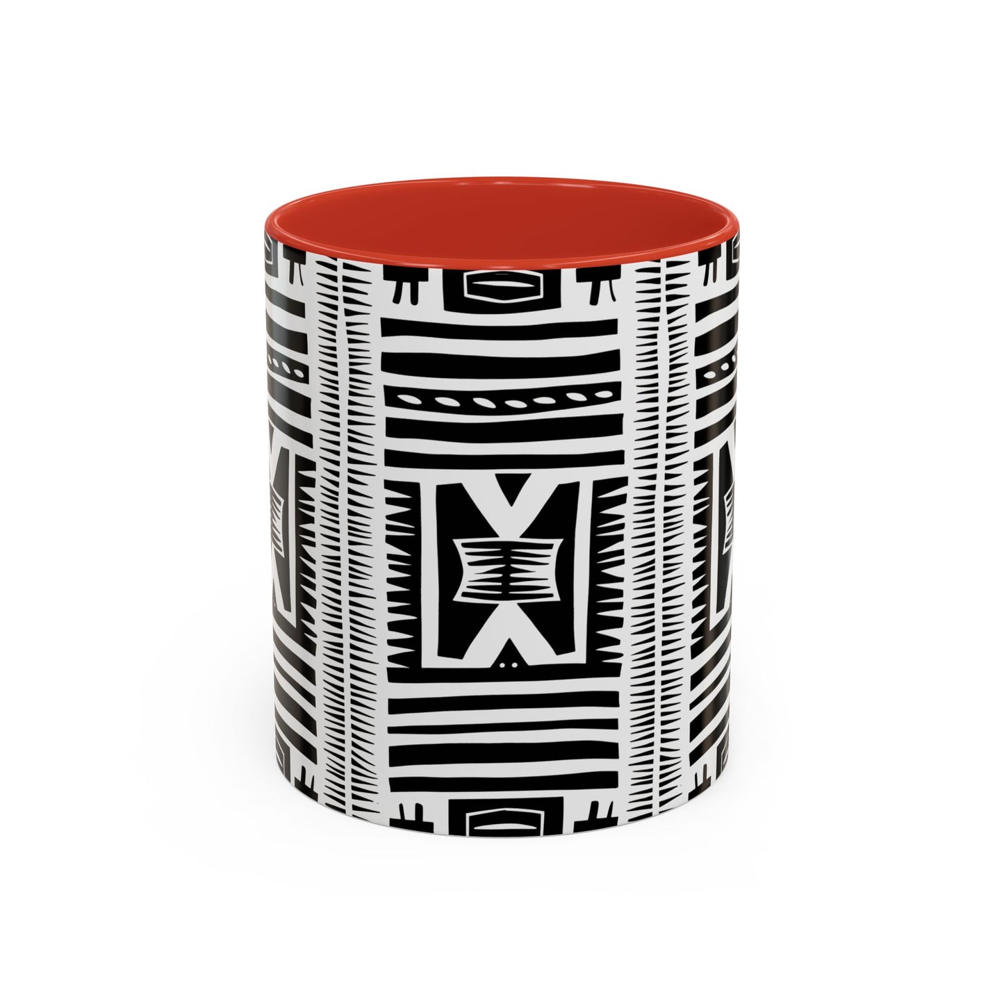 Cylindrical container with black and white pattern and red lid on a white background