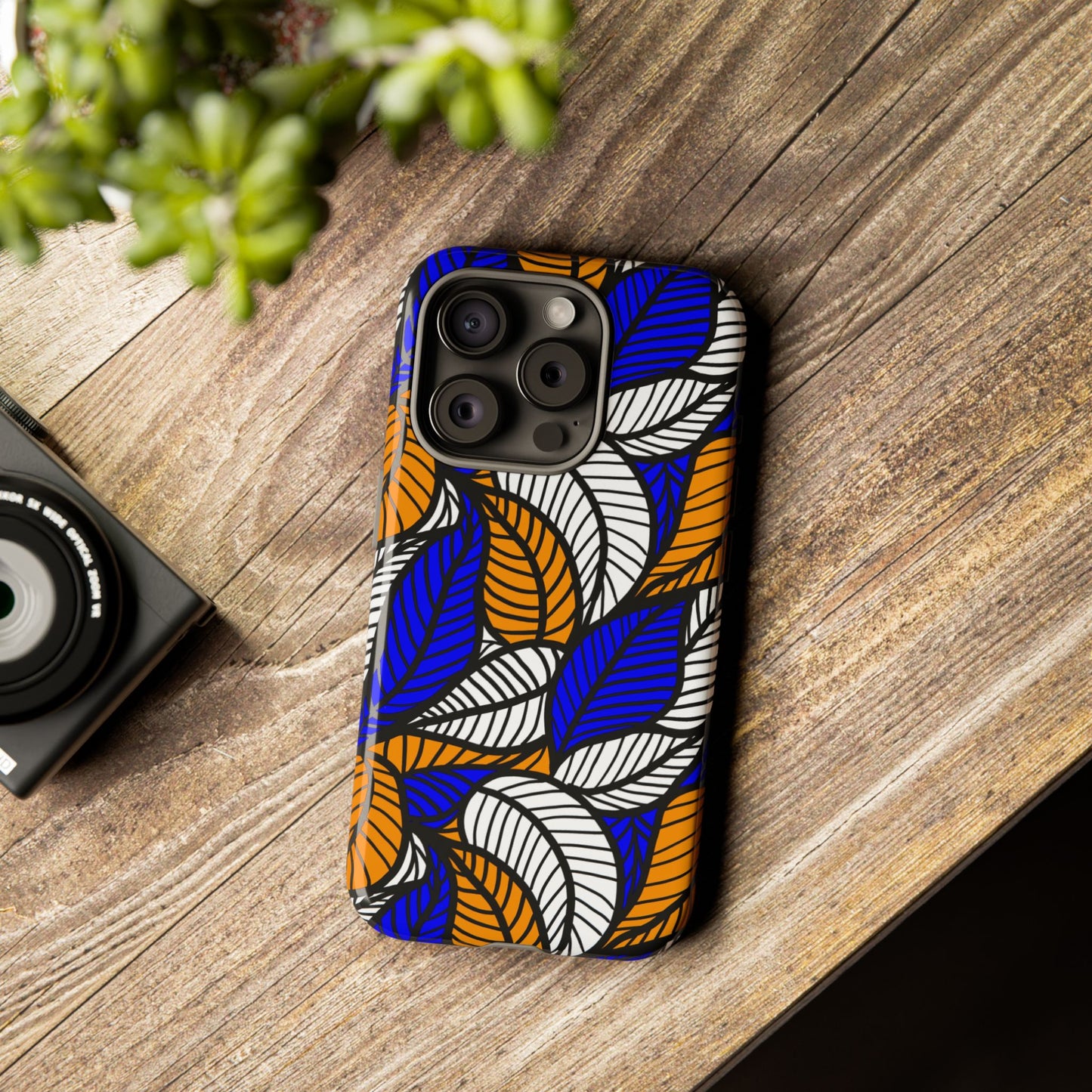 Blue Gold White Ankara Leaf iPhone Tough Cases | African iPhone Case | Afrocentric iPhone Case