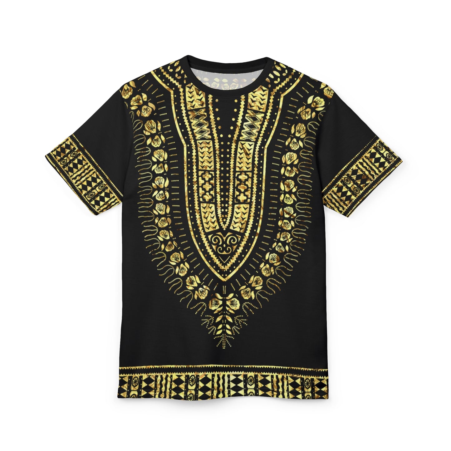 Dashiki Tee, African Print Shirt, Unisex Tee, Black and Gold Shirt, Ethnic Clothing, Cut and Sew T-Shirt