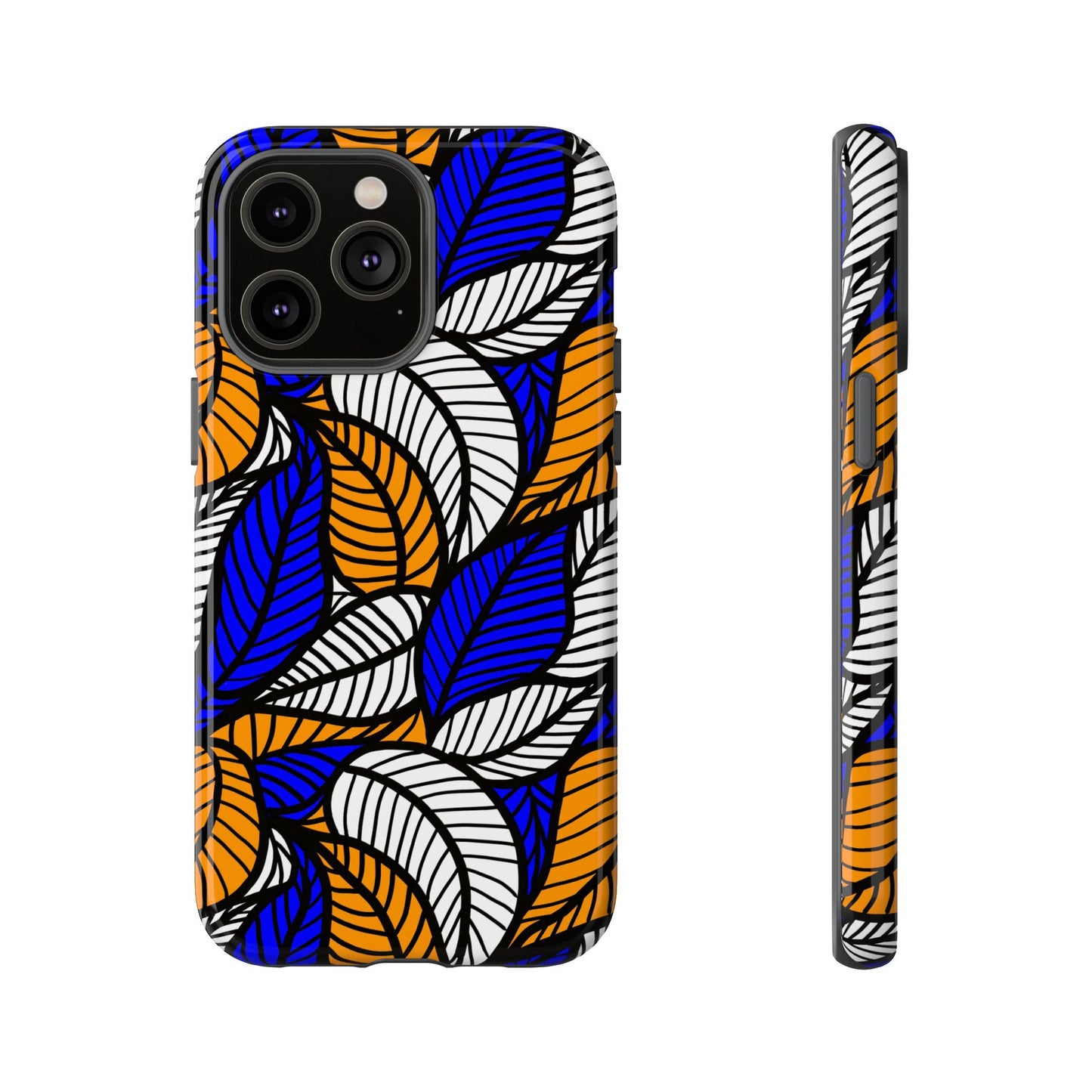 Blue Gold White Ankara Leaf iPhone Tough Cases | African iPhone Case | Afrocentric iPhone Case