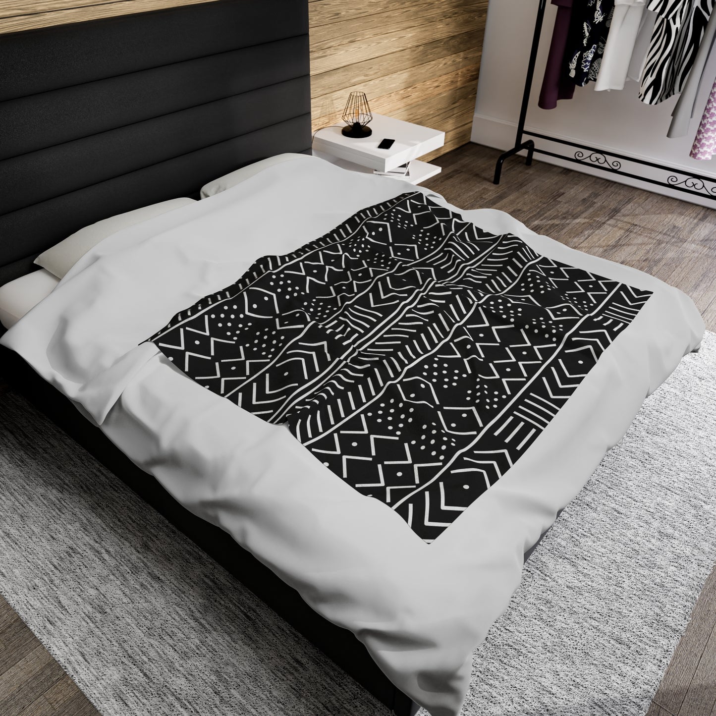 Black and White Mudcloth Inspired Plush Blanket