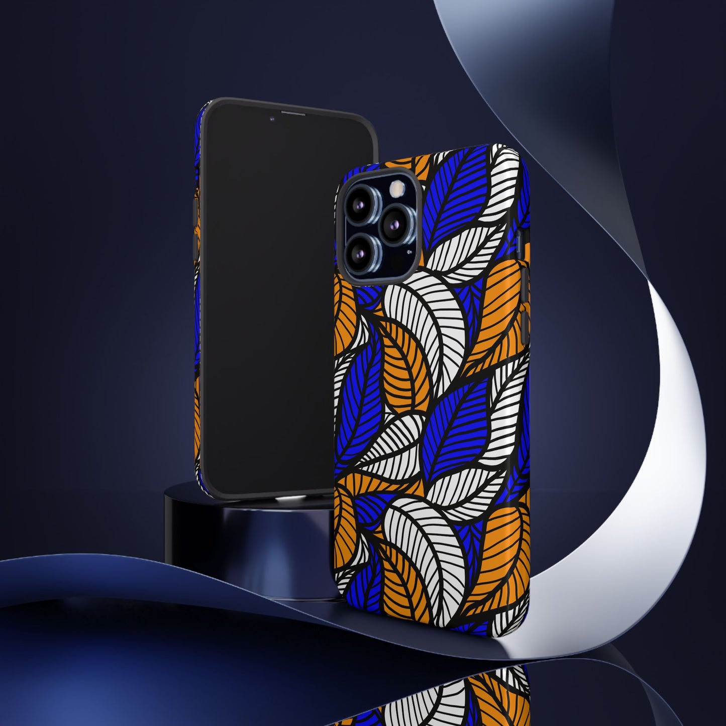Blue Gold White Ankara Leaf iPhone Tough Cases | African iPhone Case | Afrocentric iPhone Case