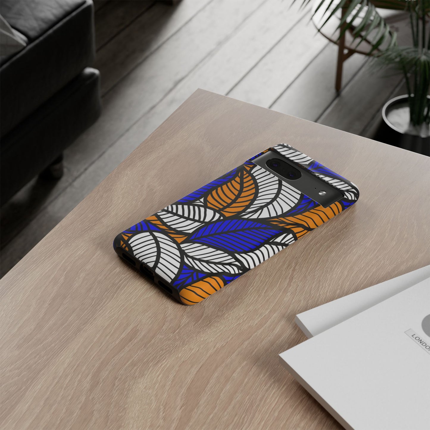 Blue Gold White  Leaf Ankara Google Pixel Tough Cases | African Google Pixel Case | Afrocentric Google Pixel Case