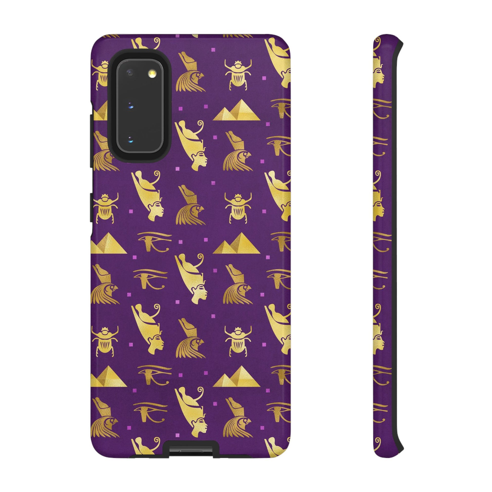 Phone case with Egyptian-themed design on a purple background
