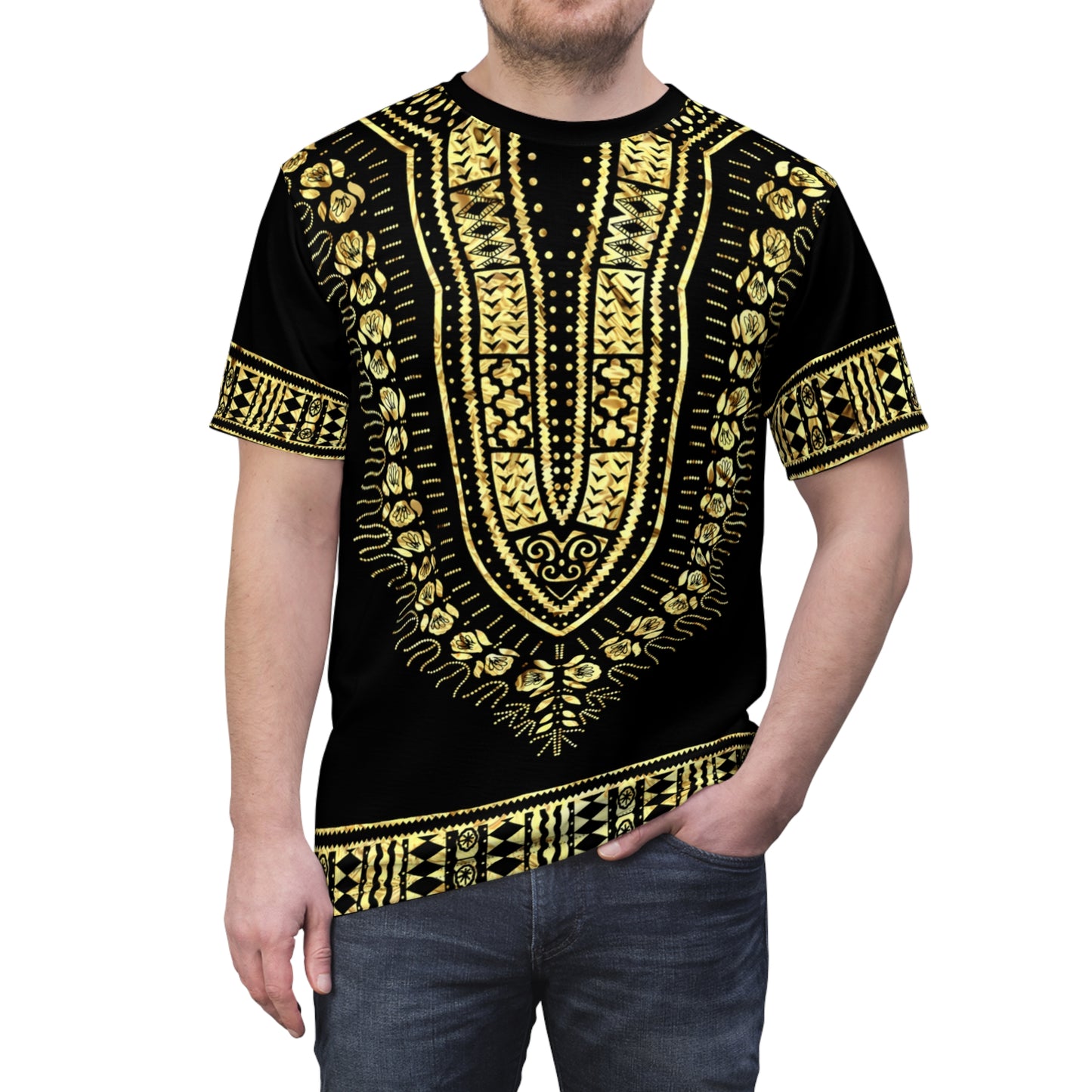 Dashiki Tee, African Print Shirt, Unisex Tee, Black and Gold Shirt, Ethnic Clothing, Cut and Sew T-Shirt