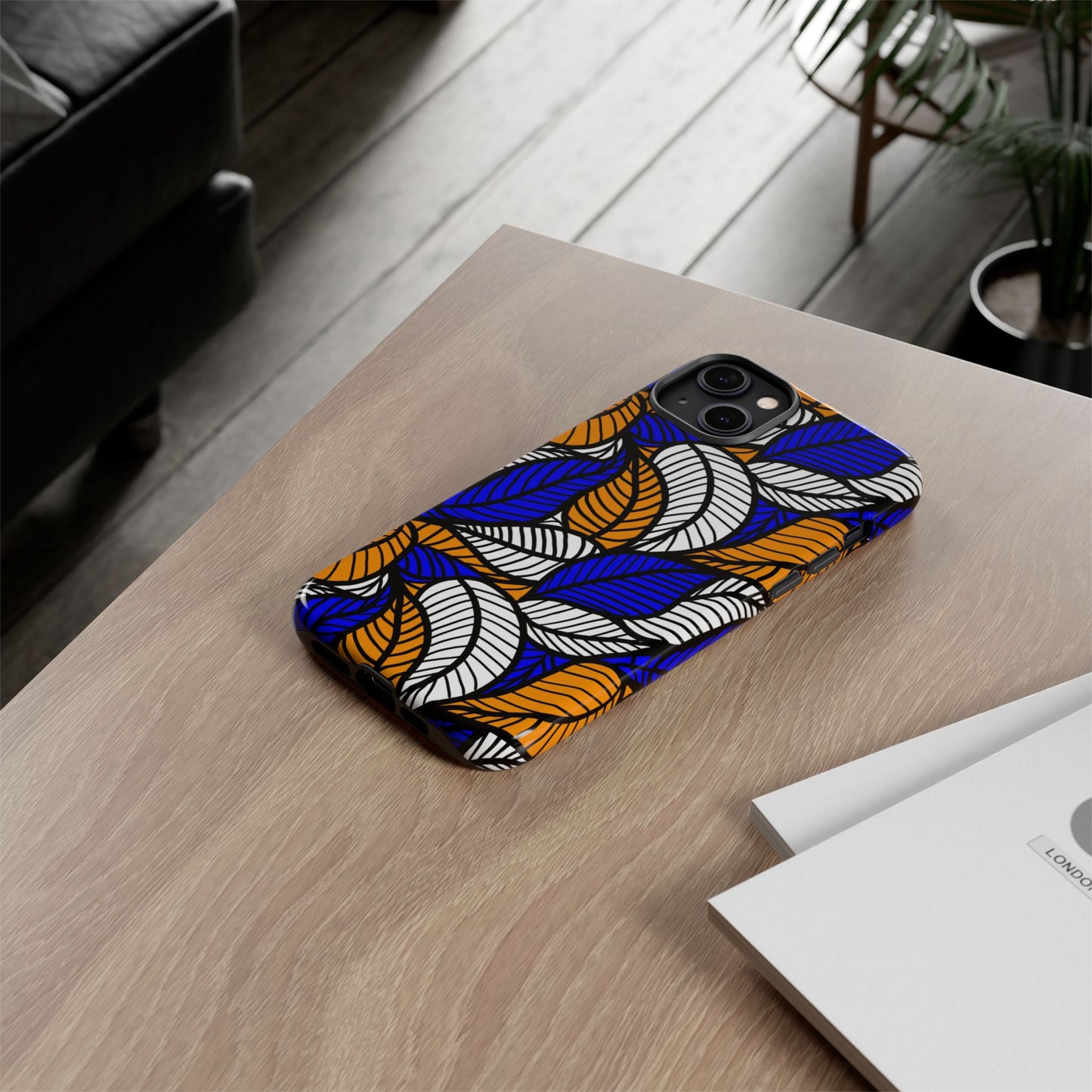 Blue Gold White Ankara Leaf iPhone Tough Cases | African iPhone Case | Afrocentric iPhone Case