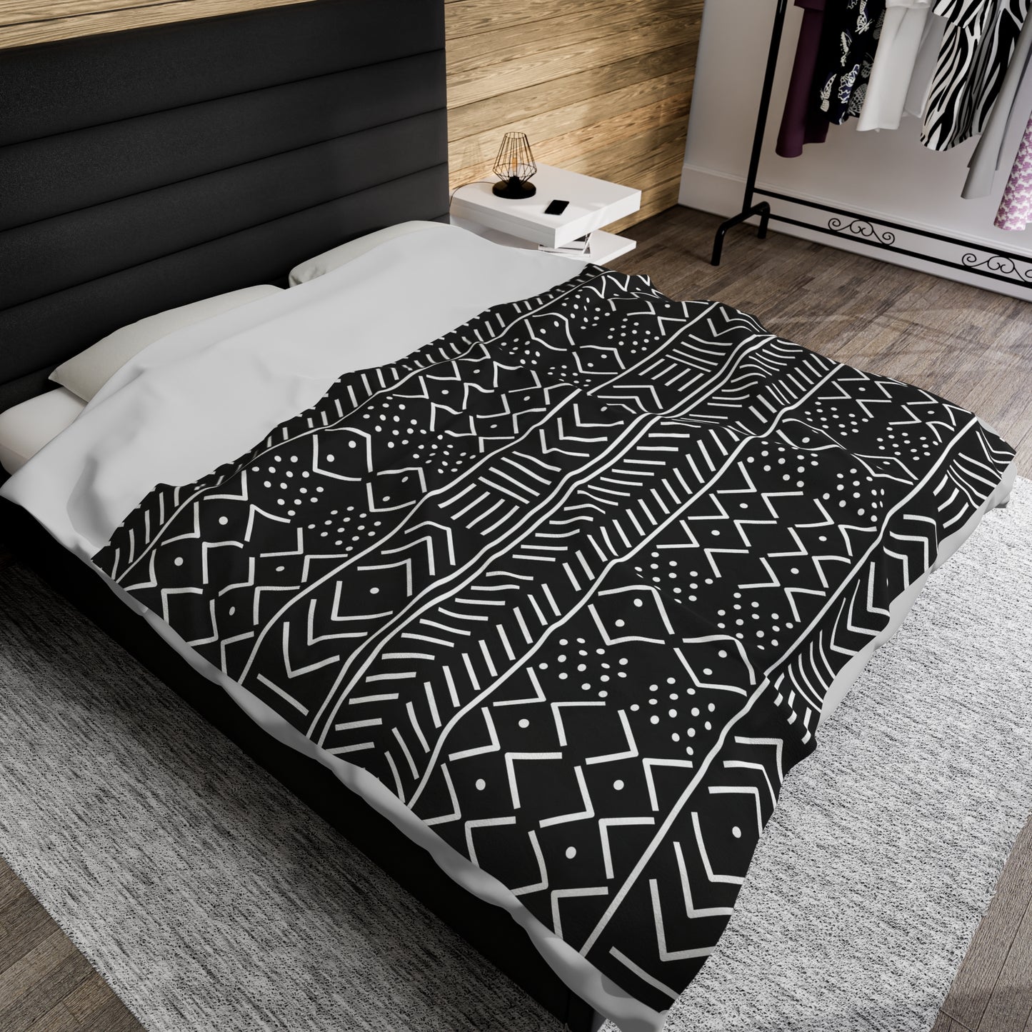 Black and White Mudcloth Inspired Plush Blanket