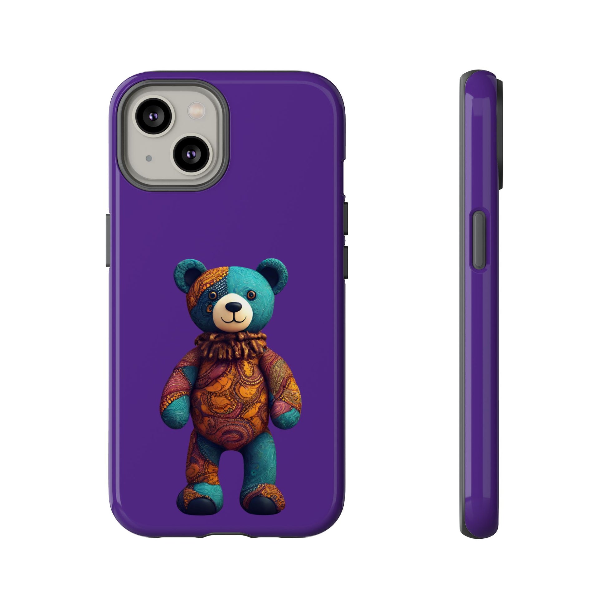 Phone case with a colorful teddy bear design on a purple background
