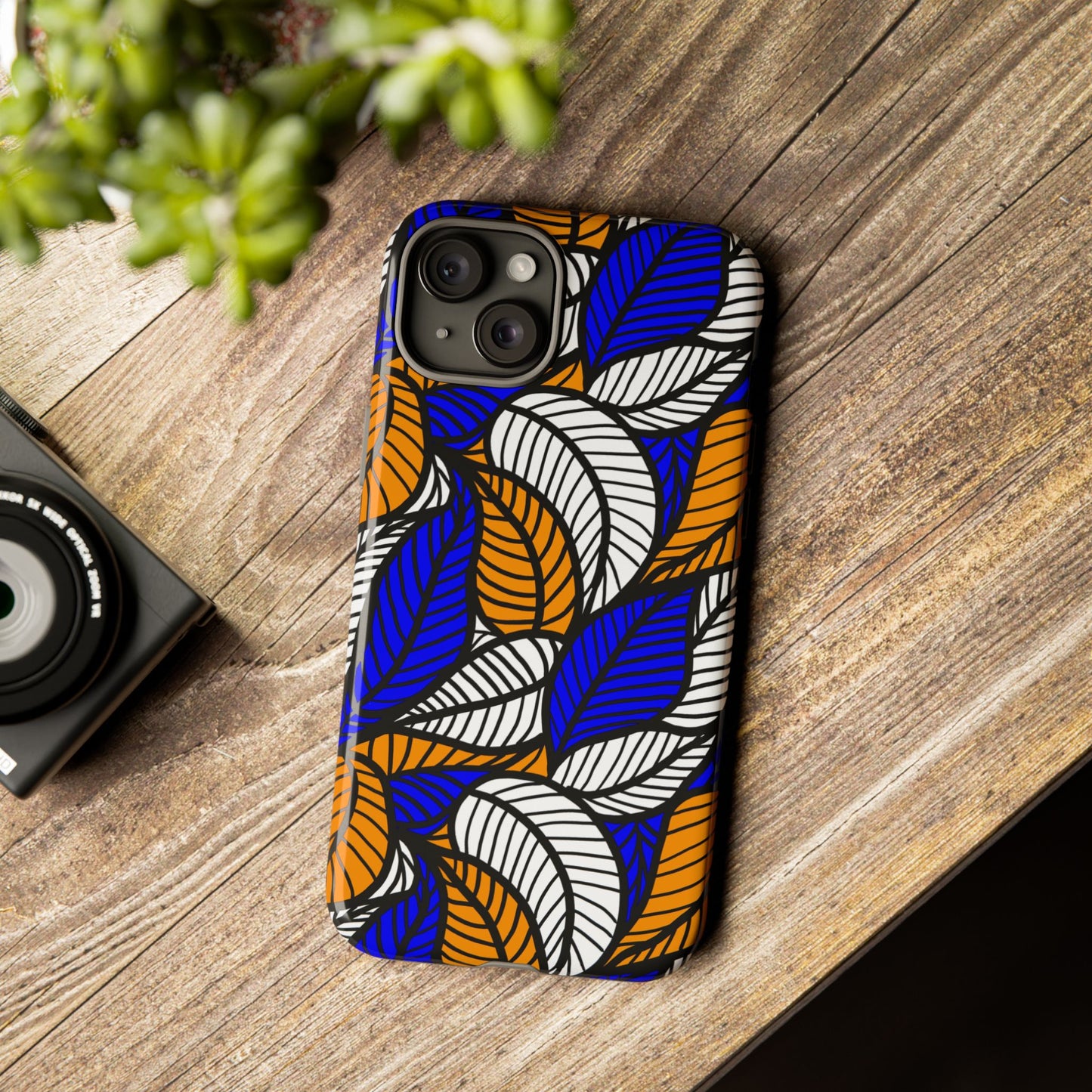 Blue Gold White Ankara Leaf iPhone Tough Cases | African iPhone Case | Afrocentric iPhone Case
