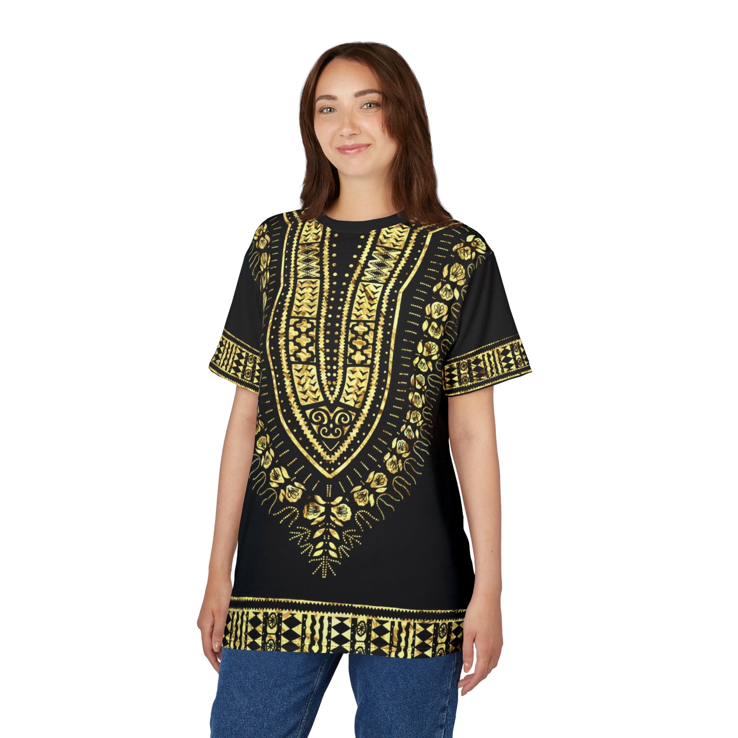 Dashiki Tee, African Print Shirt, Unisex Tee, Black and Gold Shirt, Ethnic Clothing, Cut and Sew T-Shirt