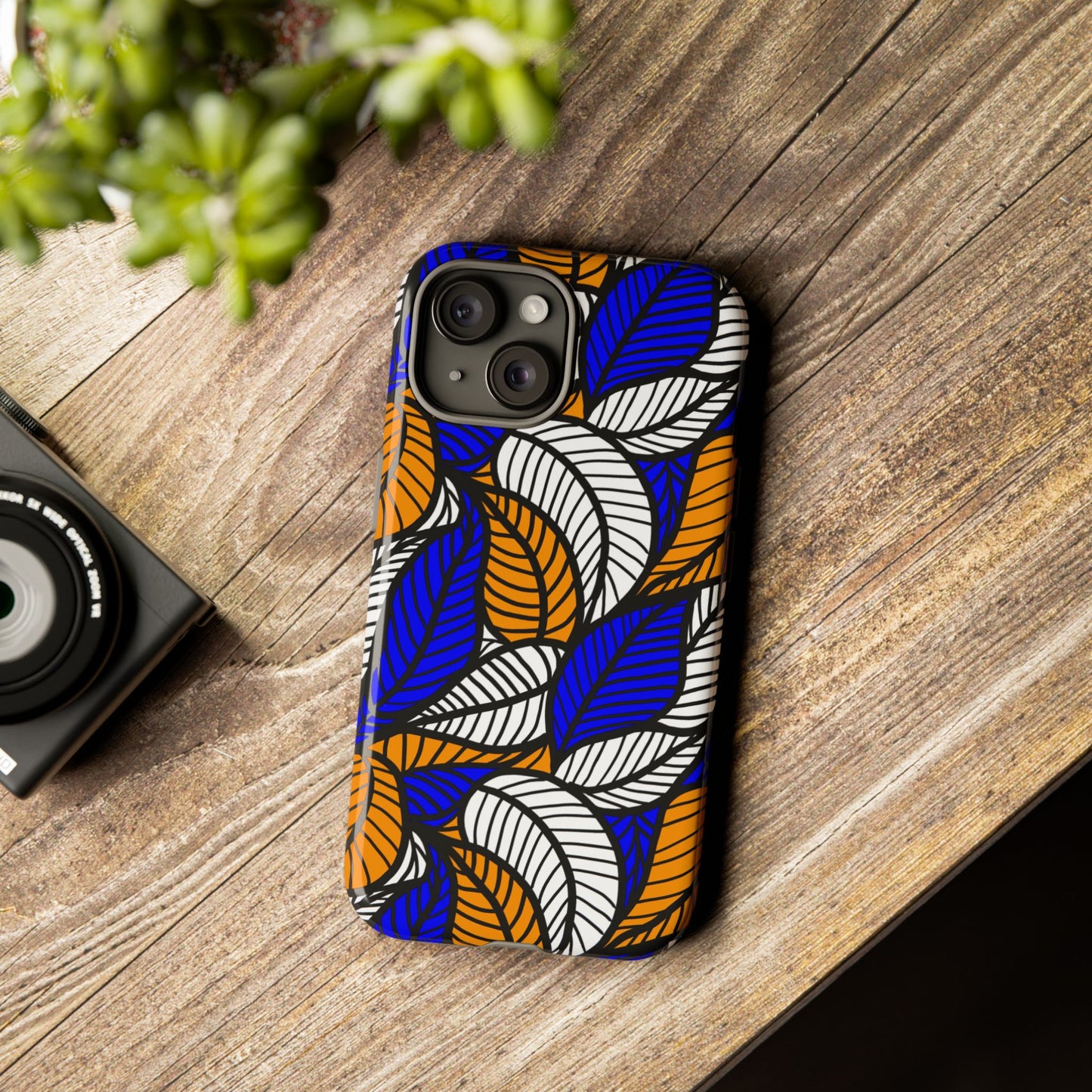 Blue Gold White Ankara Leaf iPhone Tough Cases | African iPhone Case | Afrocentric iPhone Case