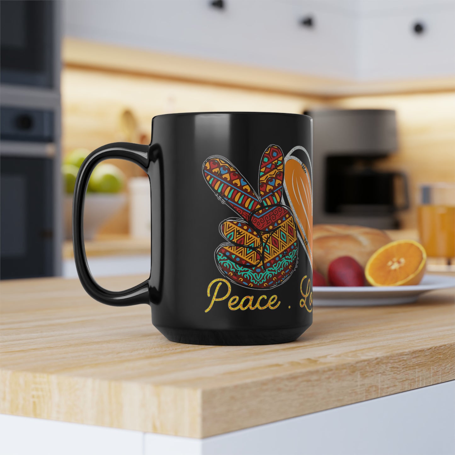 Peace, Love, Melanin Black Mug, 15oz
