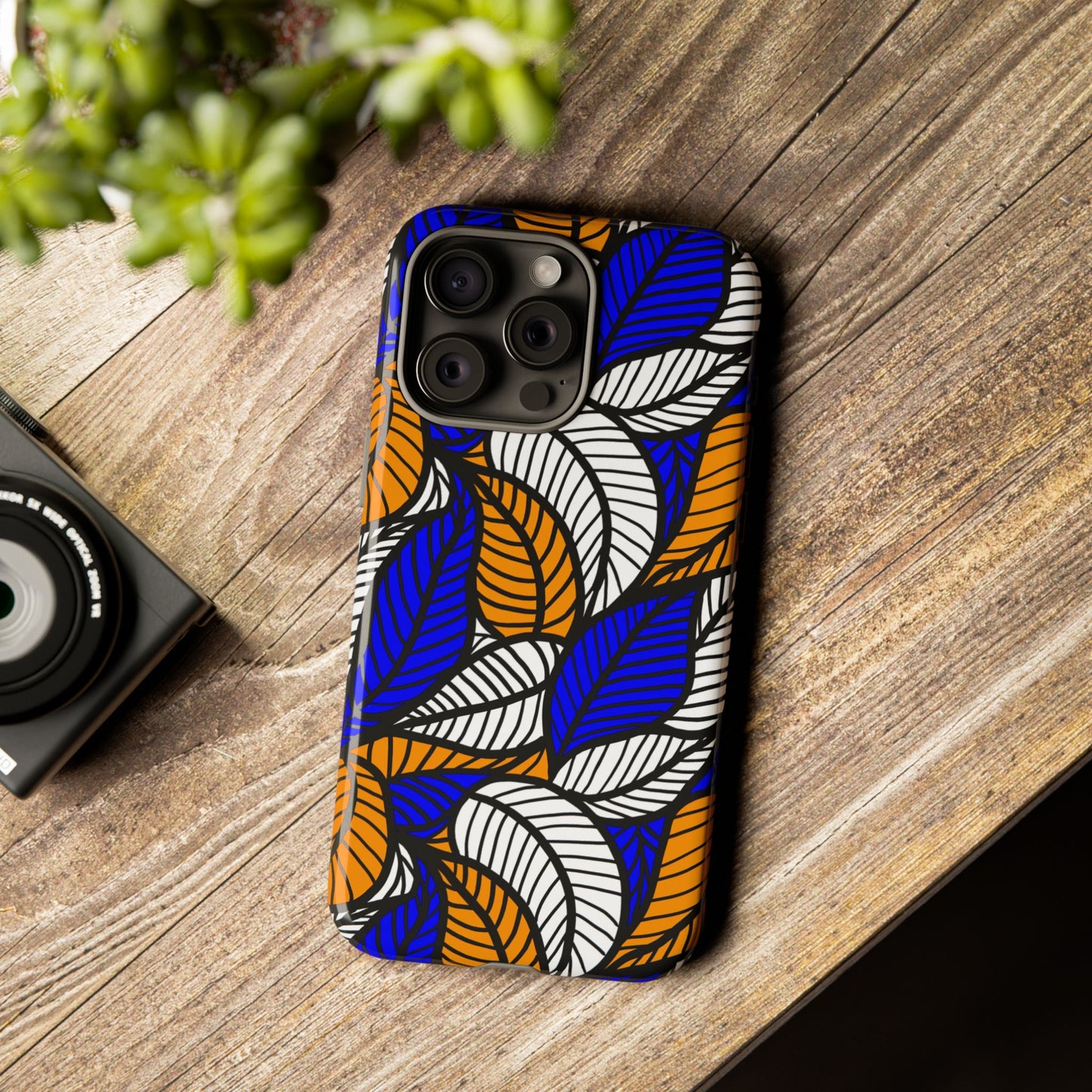 Blue Gold White Ankara Leaf iPhone Tough Cases | African iPhone Case | Afrocentric iPhone Case
