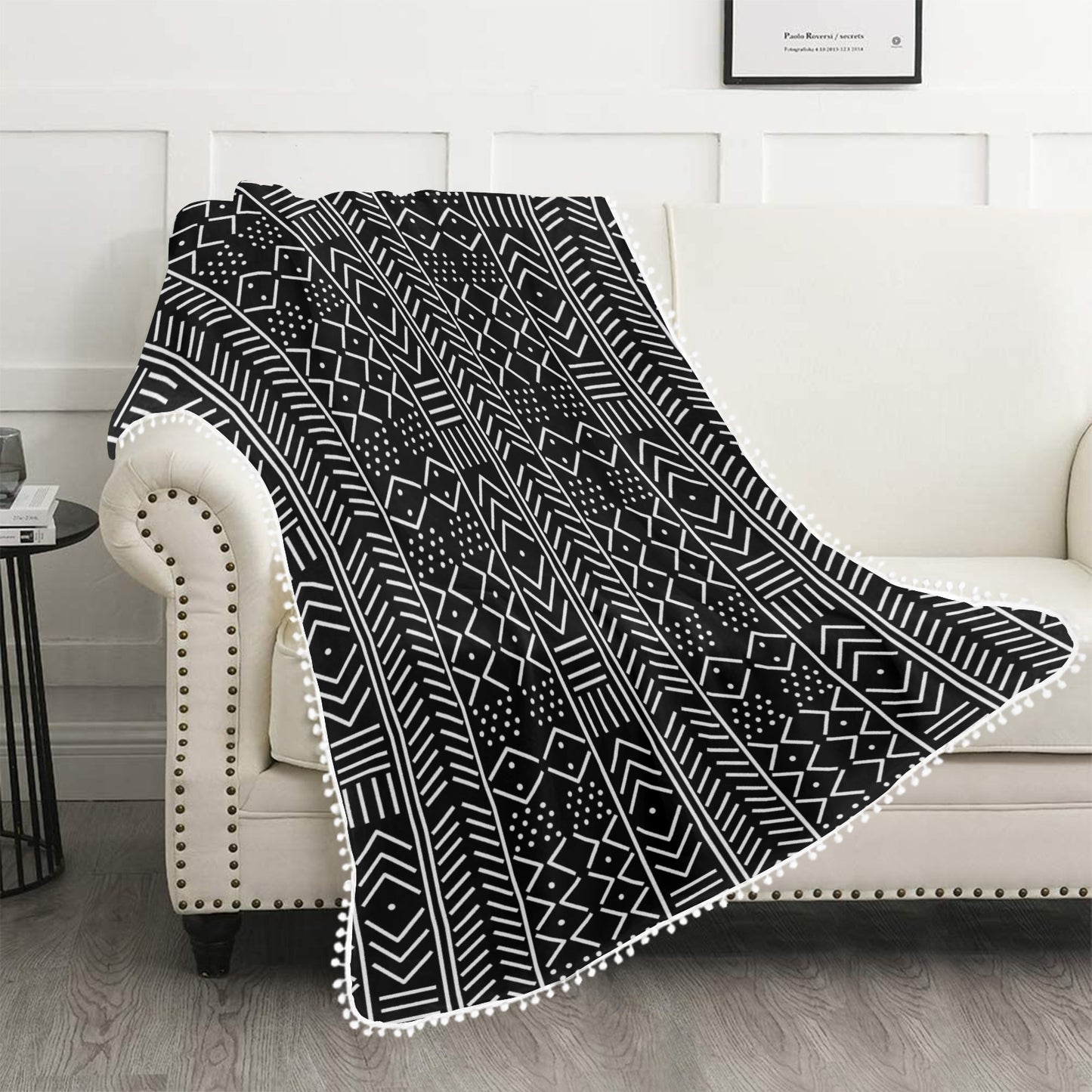 Black and White Mudcloth Inspired Throw Pom Pom Fringe Blanket60"x80"
